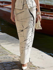 Cream Black Line Print Maxi Skirt Set