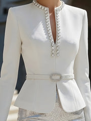 White Embellished Collar Blazer With Silver Sequin Skirt Set