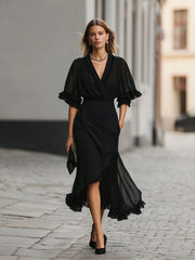 Chic Black Chiffon Ruffle Two Piece Set