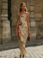 Elegant Beige Linen Blend Botanical Print Maxi Dress