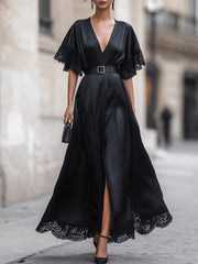 Elegant Satin V-Neck Lace Trim Maxi Dress With Belt