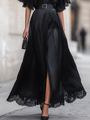 Elegant Satin V-Neck Lace Trim Maxi Dress With Belt