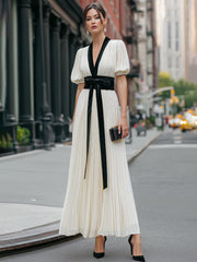 Contrast Trim Pleated Maxi Dress With Tie Waist