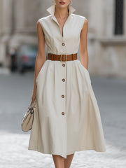 Sleeveless Stand Collar Belted Midi Dress With Brown Buttons