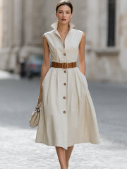 Sleeveless Stand Collar Belted Midi Dress With Brown Buttons