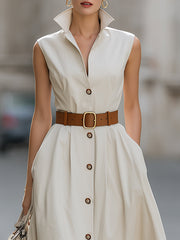 Sleeveless Stand Collar Belted Midi Dress With Brown Buttons
