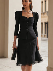 Chic Black Puff Sleeve Peplum Top Tulle Skirt Set