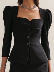 Chic Black Puff Sleeve Peplum Top Tulle Skirt Set