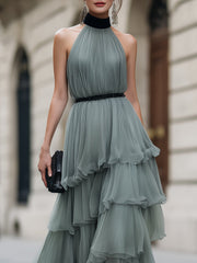 Halter Neck Tiered Ruffle Pleated Maxi Dress