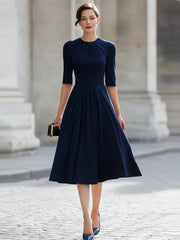 Navy Blue Pleated Round Neck Elbow-Sleeve Fit-and-Flare Midi Dress