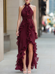 Halter Neck Ruffle Trim Asymmetric High-Low Maxi Dress