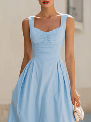 Light Blue Square Neck Ruched Fit-and-Flare Midi Dress