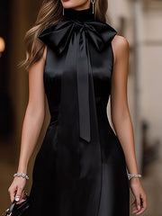 Elegant Black Satin Bow Neck Midi Dress