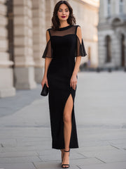 Black Sheer Mesh Cold-Shoulder Flutter Sleeve Slit Maxi Dress