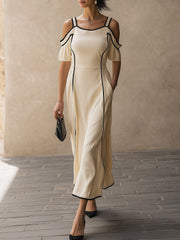 Cream Yellow Cold Shoulder Maxi Dress With Contrast Piping