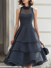 High-Neck Sheer Panel Tiered Ruffle Midi Dress