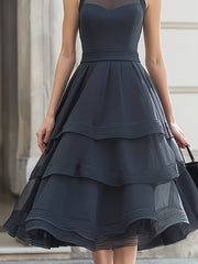High-Neck Sheer Panel Tiered Ruffle Midi Dress