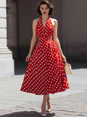 Halter V-Neck Polka Dot A-Line Midi Dress