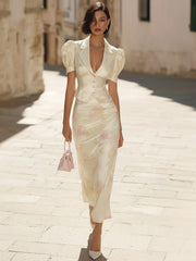 Elegant Cream White Satin Floral Print Skirt Set