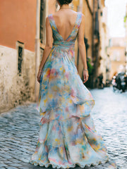 Elegant Watercolor Print High-Low Chiffon Maxi Dress