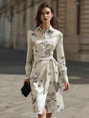 Cream Satin Floral Shirt Dress