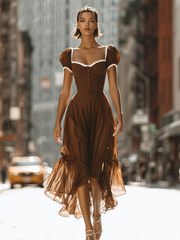 Vintage Sweetheart Neck Chiffon Midi Dress