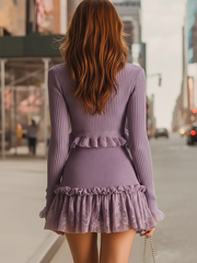 Lilac Knit Two-Piece With Lace Ruffle Details