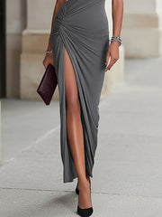 Grey Ruched Side Slit Maxi Dress