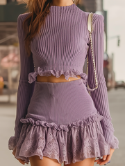 Lilac Knit Two-Piece With Lace Ruffle Details