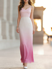 Elegant Pink Gradient Spaghetti Strap Maxi Dress