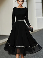 Long Sleeve Contrast Trim Midi Dress With Flared Skirt
