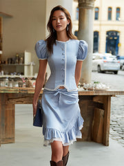 Light Blue Satin Lace Trim Skirt Set