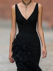 Black Chiffon Ruffle Sleeveless Midi Dress