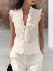 Cream Linen Blend Ruffle Top