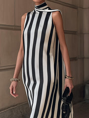 Stylish Black White Stripe Satin Maxi Dress