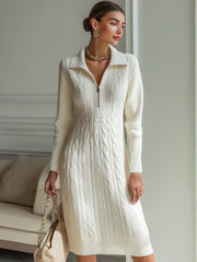Elegant Zip-Front Knitted Sweater Dress In Ivory