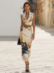 Cream Satin Abstract Print Cowl Neck Dress Without Belt