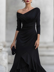 One-Shoulder Ruched Asymmetric Ruffle Hem Maxi Dress