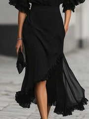 Chic Black Chiffon Ruffle Two Piece Set