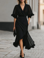 Chic Black Chiffon Ruffle Two Piece Set