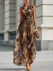 Sleeveless Printed Wrap Bodice Flowing Midi Dress