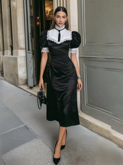 French Style Black Satin Lace Trim Dress