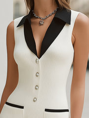Black White Contrast Rib Knit Dress