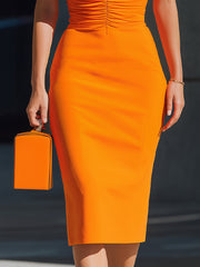 Orange Ruched Waist Sweetheart Neckline Midi Bodycon Dress