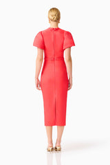 Coralene Chic Puff Sleeve Midi Dress in Fire Red