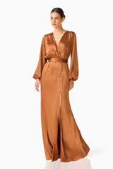 Kai Wrap Long Sleeve Maxi Dress in Mocha Brown