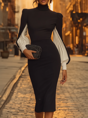 Stylish Black Midi Dress With Voluminous White Sleeves
