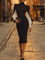 Stylish Black Midi Dress With Voluminous White Sleeves