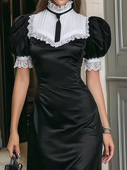 French Style Black Satin Lace Trim Dress