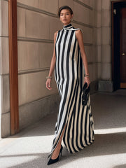 Stylish Black White Stripe Satin Maxi Dress